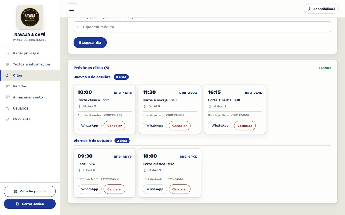 admin panel: upcoming appointments