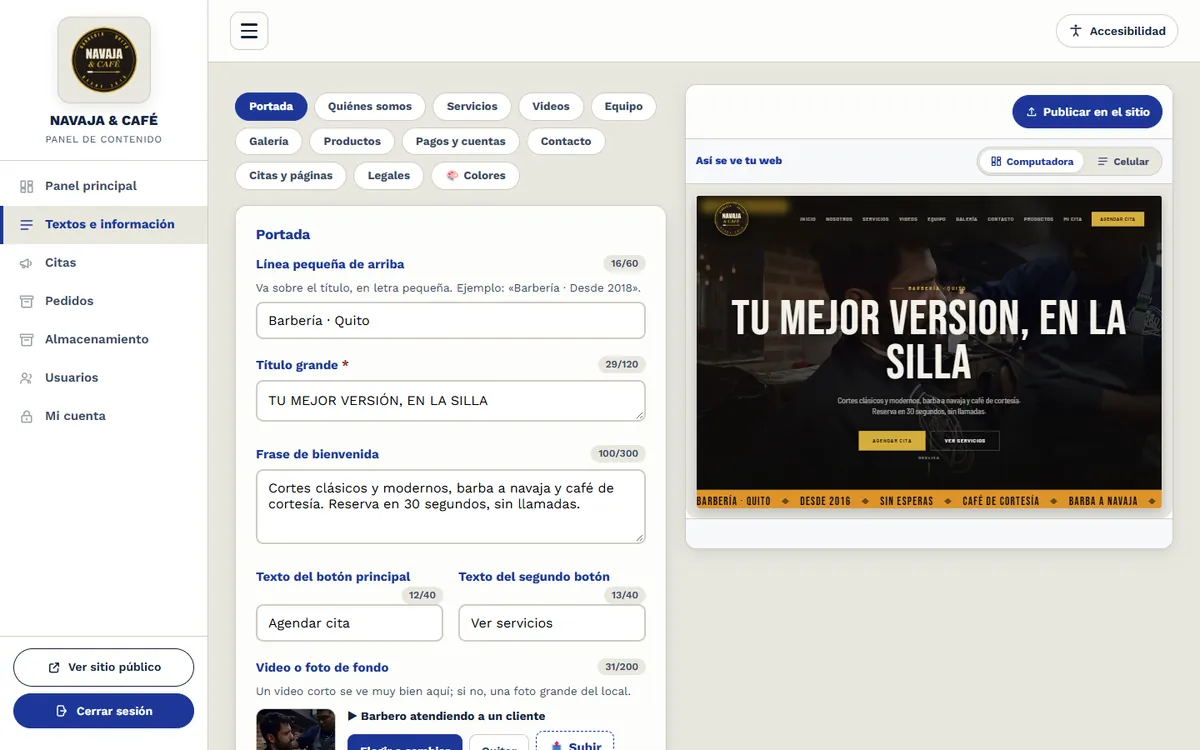 admin panel: the texts with the live site beside them
