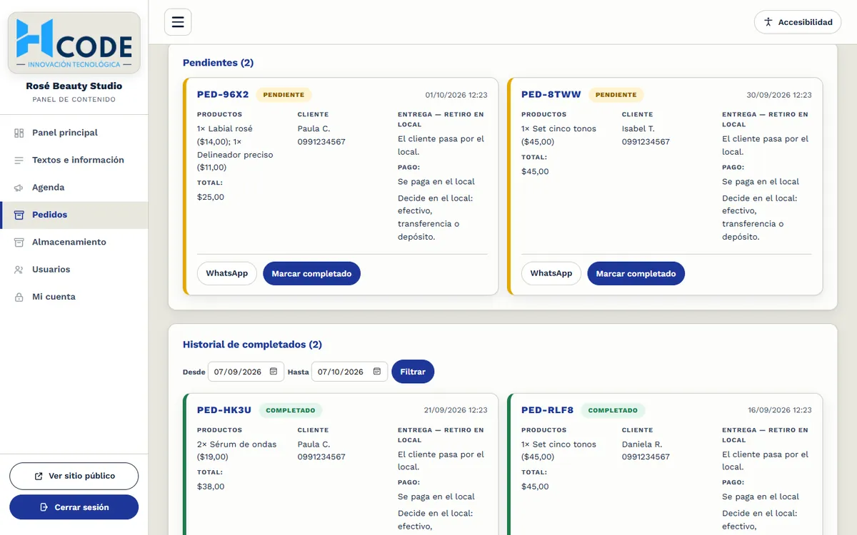 pedidos de la tienda en el panel