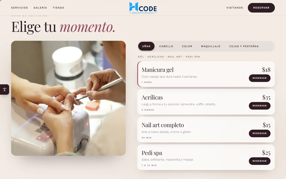 menú de servicios con reserva