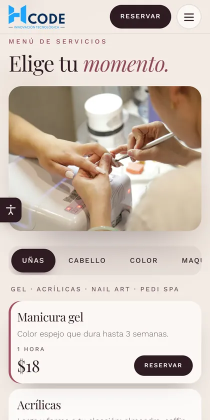 menú de servicios con reserva